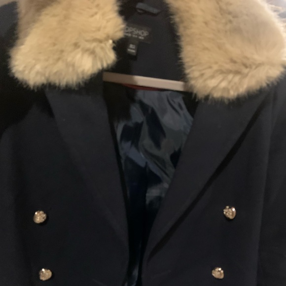 Almost brand new top shop coat detachable faux fur collar navy blue gold button - Picture 2 of 4